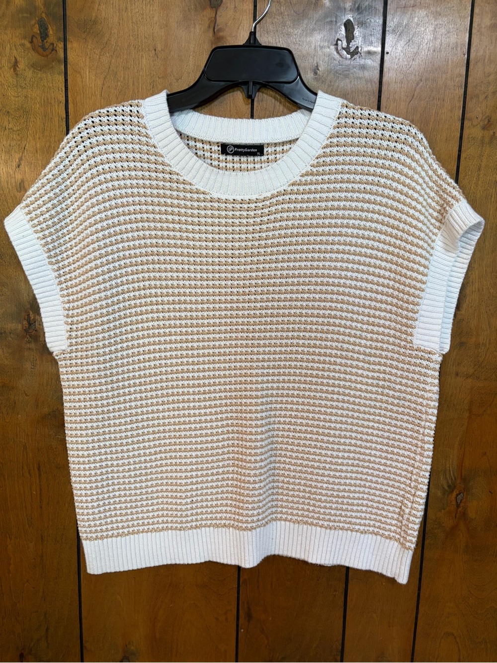 Striped White and Tan Knit Short Sleeve Sweater Top
